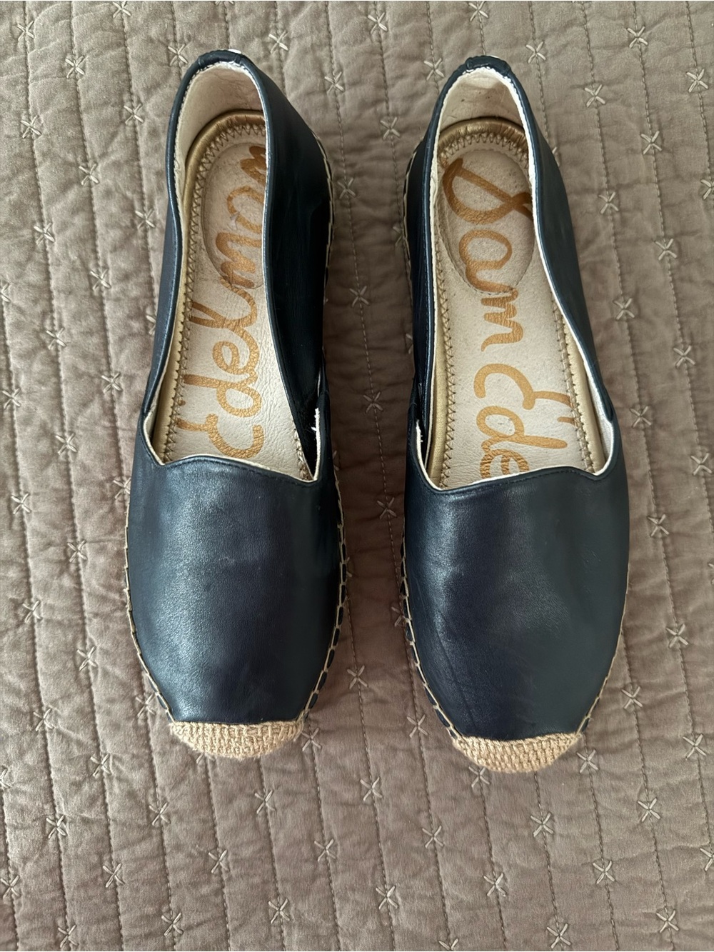 Sam Edelman Black Leather Espadrille Flats with Natural Jute Toe